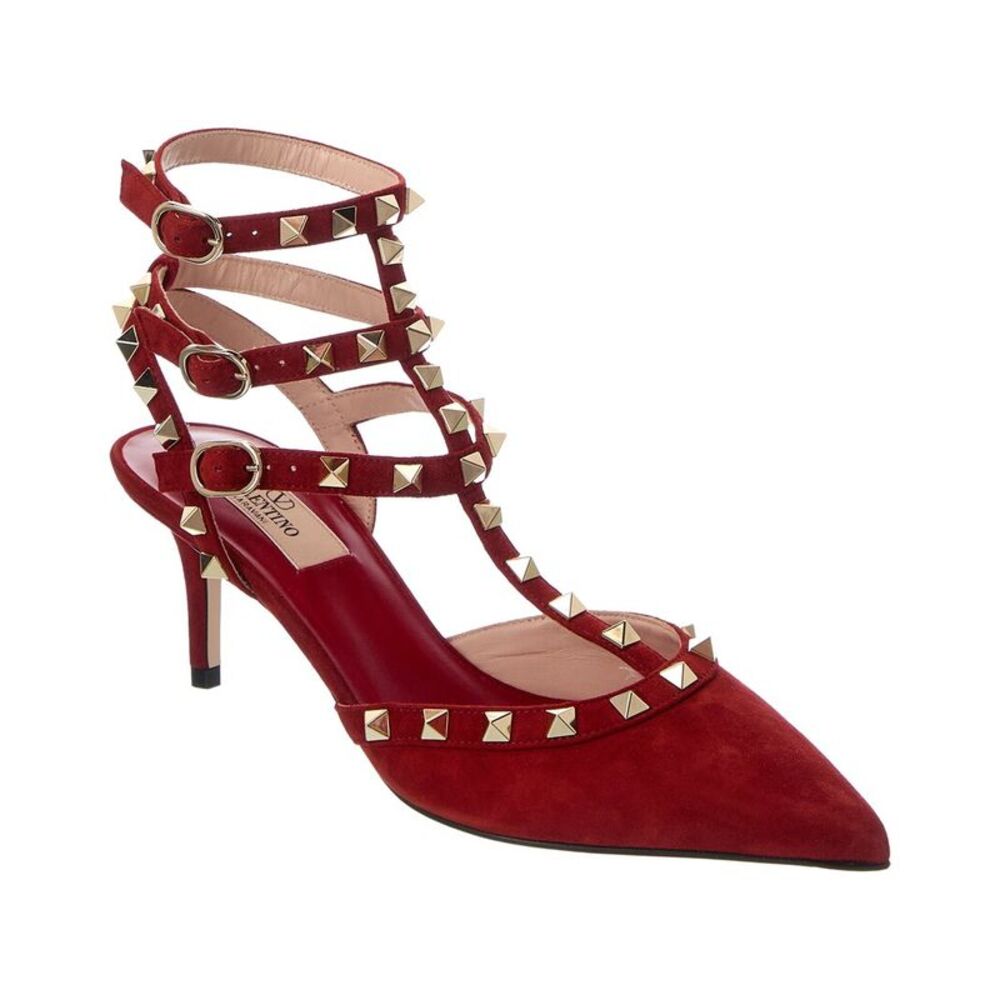 Valentino Rockstud Caged 65 Suede Ankle Strap Pump, Red